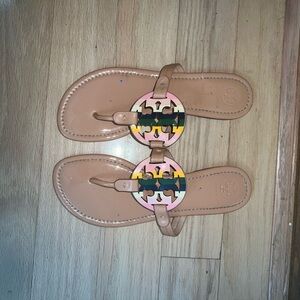 Tory Burch Tan Sandals with Multicolor Logo